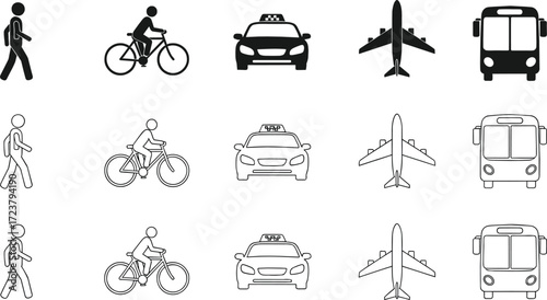 Set of flat and line art transportation icons showing various modes of travel such as walking, biking, taxi, plane, and bus for web and graphic design