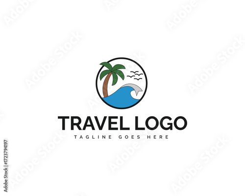 Simple circular logo with palm tree blue wave and birds with text T R A V E L O G O travel coconut tree