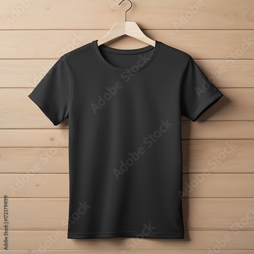 Plain dark charcoal gray t shirt hanging on wooden background