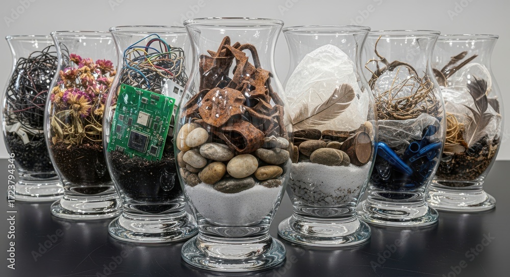 Fototapeta premium Glass Urns with Contrasting Industrial Waste and Natural Elements