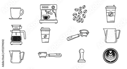 Minimalist line art collection featuring essential elements of the coffee culture, including brewing devices, serving cups, and professional barista tools