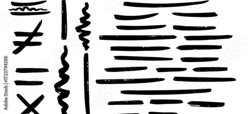 A bold black and white image showcases various brushstroke-style lines, including horizontal strokes, squiggles, crosses, and a distinctive 'not equal' symbol across a clean white backdrop