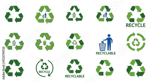Collection of green recycling symbols and icons promoting environmental awareness