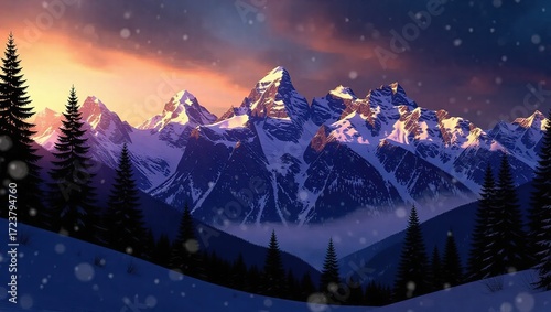 Snowy Mountain Peaks at Sunset with Evergreen Trees in the Foreg
