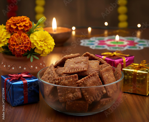 Golden crispy shankarpalis arranged beautifully on plate for Diwali faral