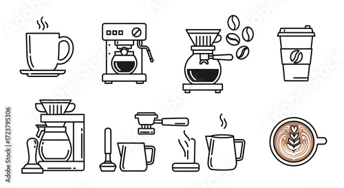 Collection of coffee making and drinking icons, illustrating various brewing methods and beverages