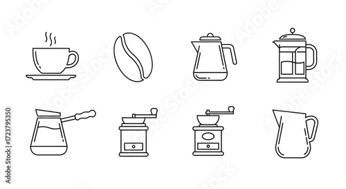 Collection of linear vector icons representing coffee culture and barista equipment, ideal for cafe menu or beverage design concepts
