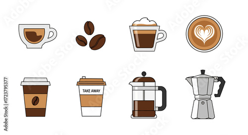A diverse set of coffee-themed vector icons illustrating various drinks, beans, take-away cups, and classic brewing equipment