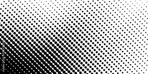 Dotted halftone diagonal texture. Fading polka dot gradient background. Repeating dots gradation pattern. Black vanishing comic pop art overlay backdrop. Raster effect wallpaper. Vector illustration