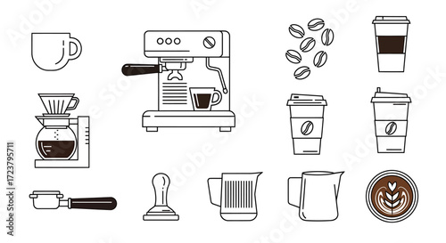 Minimalist Coffee Icon Collection Aromatic Beans, Brewing Tools, and To-Go Cups