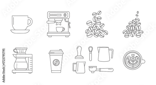 Coffee brewing equipment outline vector icons - coffee cup, espresso machine, beans