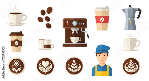 Coffee Collection Moka Pot, Espresso Machine, Barista, and Drink Icons