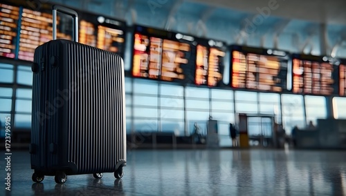 A sleek black suitcase standing in an airport terminal, with a blurred flight information board in the background. The image highlights the modern design of the suitcase and the anticipation of travel