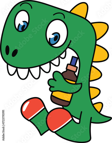 Cute and Thirsty Baby Dinosaur Character Holding a Bottle, a Fun and Playful Illustration for Children's Products, Education, or a Mascot.