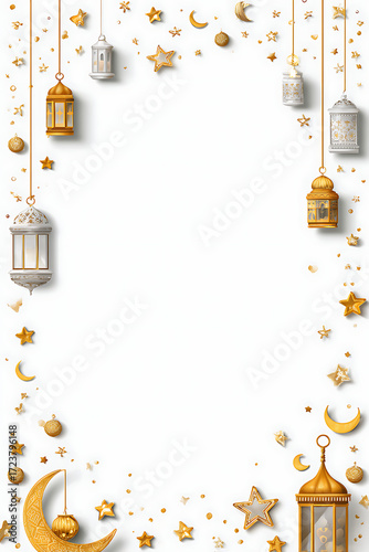 Decorative frame featuring hanging lanterns, stars, and moons against a white background