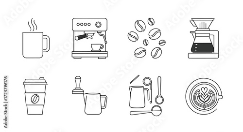 Minimalist outline icons for coffee lovers, showcasing various brewing equipment, beans, and prepared beverages