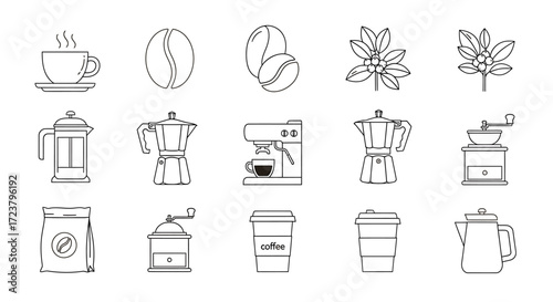 Line Art Icons Illustrating Various Coffee-Related Items and Equipment for Beverage Preparation