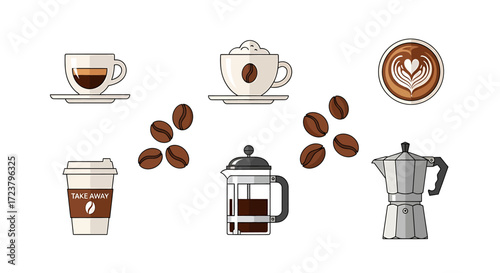A vibrant illustration showcasing various coffee drinks, popular brewing methods, and essential roasted coffee beans for the perfect morning ritual