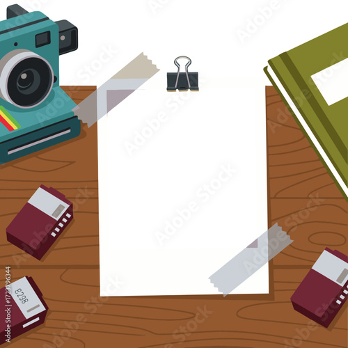 Capture memories with this vintage camera scene, perfect for scrapbooking or social media posts, add your own photo to the blank instant print