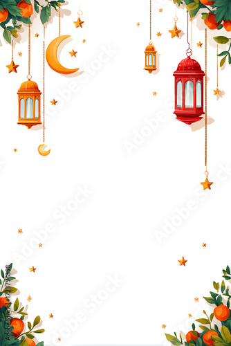 Festive illustration featuring lanterns and crescent moon with floral decorations for celebrations
