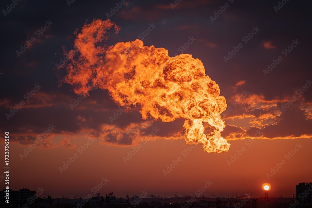 Obraz premium Fiery plume against a dramatic sunset sky over a city