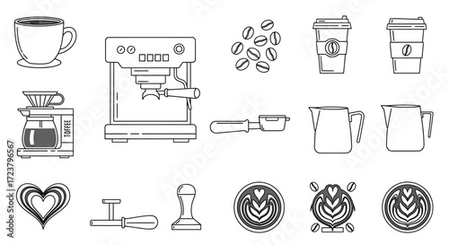 Comprehensive outline icon collection illustrating essential coffee brewing equipment and related items for cafes and home use