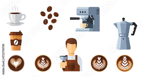A comprehensive collection of coffee-related icons, illustrating the brewing process, barista artistry, and popular drink components for cafes and daily caffeine enjoyment
