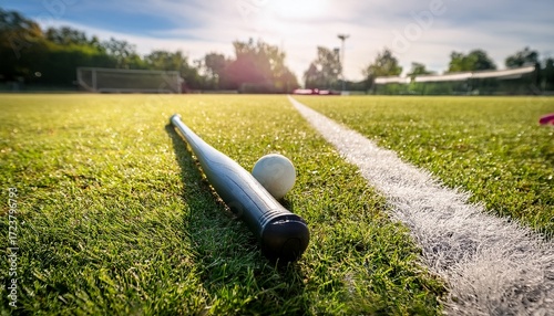 a rounders bat and ball lying on the grass beside a white chalk boundary line casual outdoor games court players action scene outdoor game sport outdoor recreation leisure fun active h