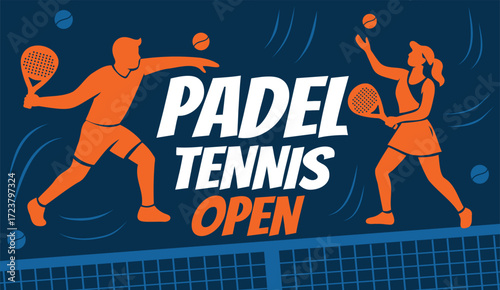 A vibrant vector banner for the Padel Tennis Open. Sporty style, dynamic player silhouettes, and rich orange and blue colors create a modern design for advertising a padel tennis tournament or club