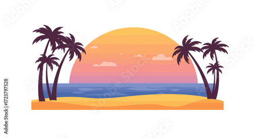Tropical Beach Sunset with Palm Trees Silhouette Illustration.
