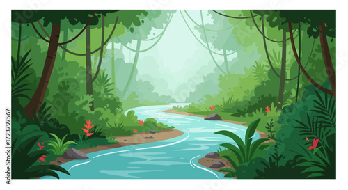 Lush Green Jungle Landscape with River and Tropical Plants.
