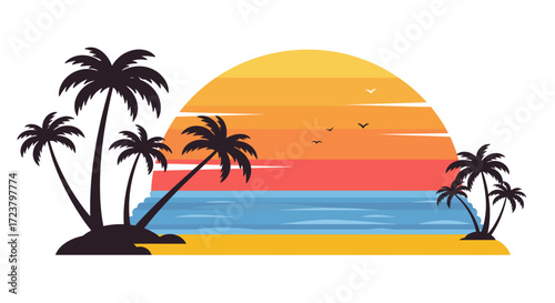 Tropical Beach Sunset with Palm Trees Silhouette Illustration.