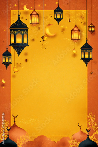 Festive background featuring ornate lanterns and crescent moons, ideal for celebration invitations