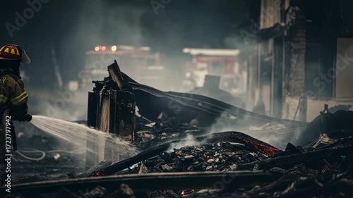 Firefighter man extinguishes fire with hose working at night with smoke and burning debris after house destruction, video footage