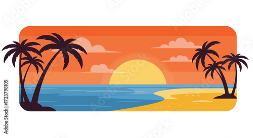 Tropical Beach Sunset with Palm Trees and Calm Ocean Waters.