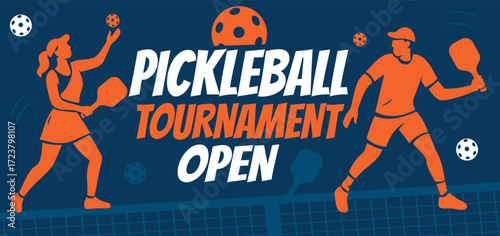  Pickleball Tournament Open. A vibrant vector banner. A sporty style, dynamic player silhouettes, and rich orange and blue colors create a modern design for advertising the pickleball tournament