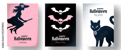 Set of Halloween posters with silhouettes of witch on broom, flying skull bats, black cat with pink eyes and stylish typography. Retro grainy texture. Spooky trendy designs, greeting card templates.