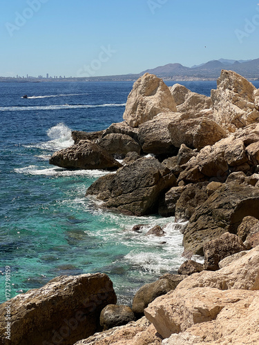Rocky seashore. Sea surf. Photo