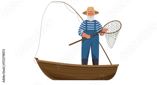 Cartoon Fisherman in Boat with Net and Fishing Rod.