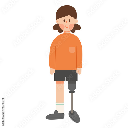 Vector cartoon illustration of a woman with a prosthetic leg. Disability, diversity, and inclusive lifestyle concept.