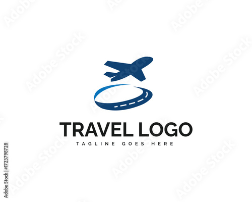 Dark blue airplane silhouette flying over a curved road with white dashed lines and text T R A V E L O G O