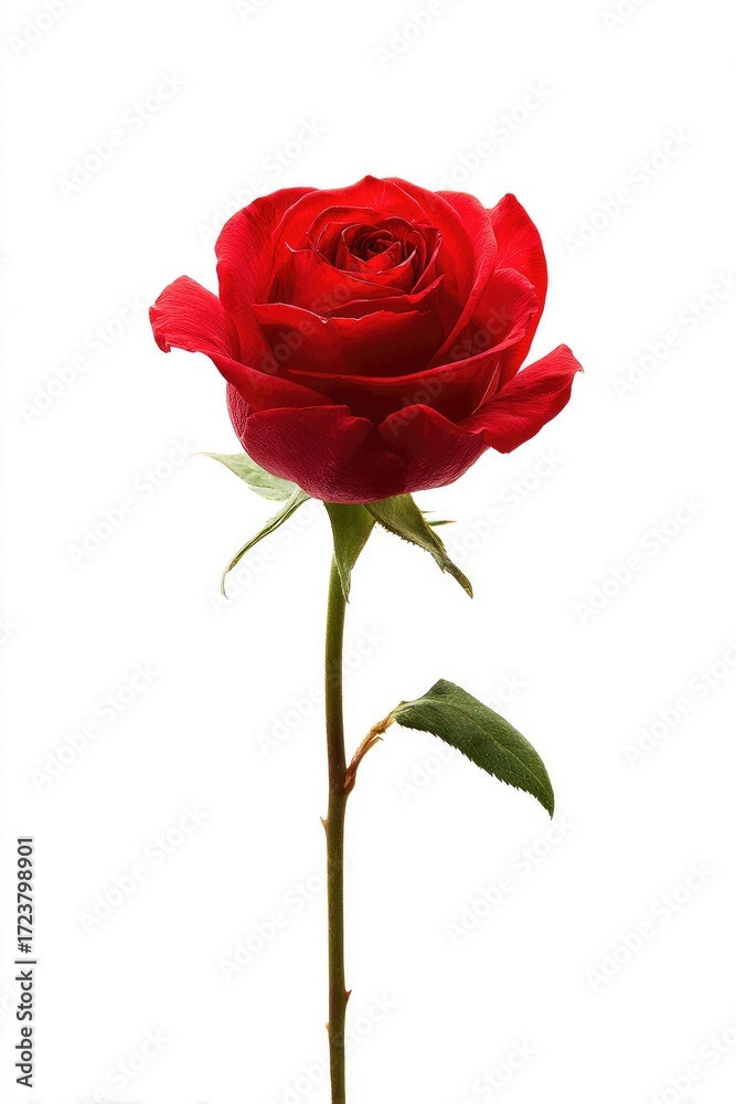 Naklejka premium Single red rose, studio shot, against white background. A vibrant crimson rose with delicate petals and a long, slender stem, is centered against a plain white backdrop.