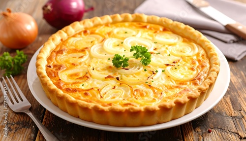 A round onion quiche on a plate