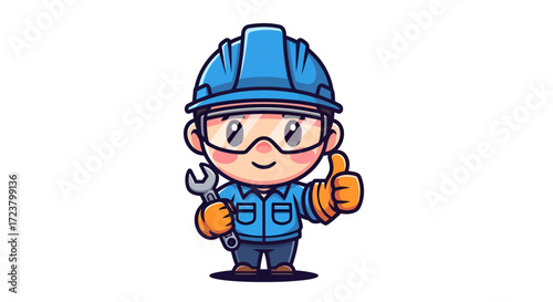 A cartoon builder with safety equipment giving the thumbs up and holding a wrench tool