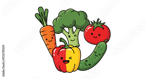 A whimsical gathering of cheerful cartoon vegetables creating a happy and healthy vibe