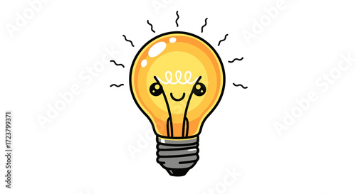Adorable lightbulb cartoon radiating with brilliance and cheerful enthusiasm on white background