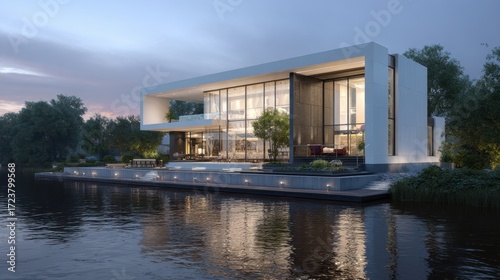 3d rendering of modern house by the river house, luxury, villa, modern, architecture, building, exterior, residential, property, designer