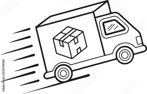 Fast Moving Delivery Truck Line Icon with Parcel Box Symbol Express Shipping Courier Transport Vector Isolated Transparent

