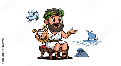 Cartoon depiction of a figure resembling a Greek god, illustrated with mythical elements