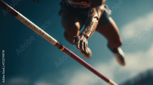 High jumper leaping over bar with deination under bright blue sky showcasing athleticism and dynamic movement in a competitive sports setting.